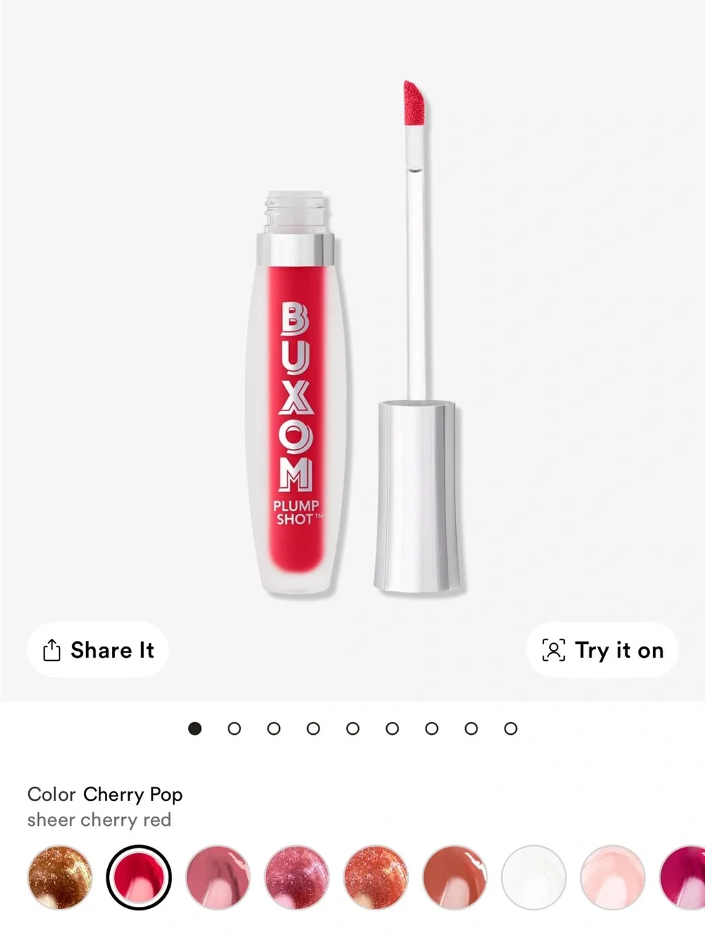 Buxom Plump Shot Sheer Tint Collagen Infused Lip Serum in shade cherry pop.